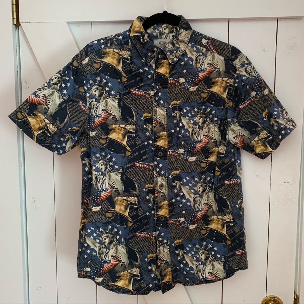 Patriotic Button Down Shirt Short Sleeve Collared American Flag 100% Cotton